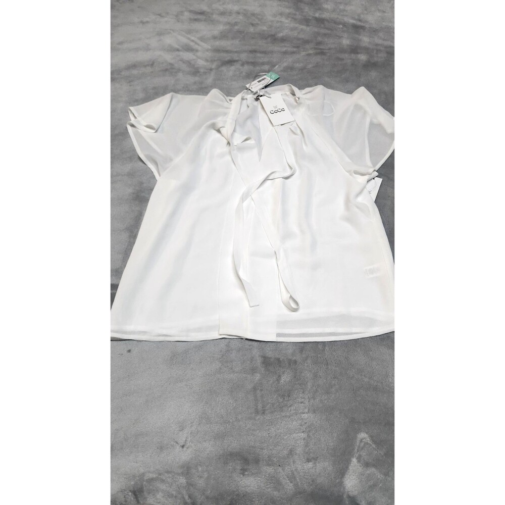 CeCe Women's Medium White Raglan Flutter Sleeve Blouse Neck Tie Pleats NWT